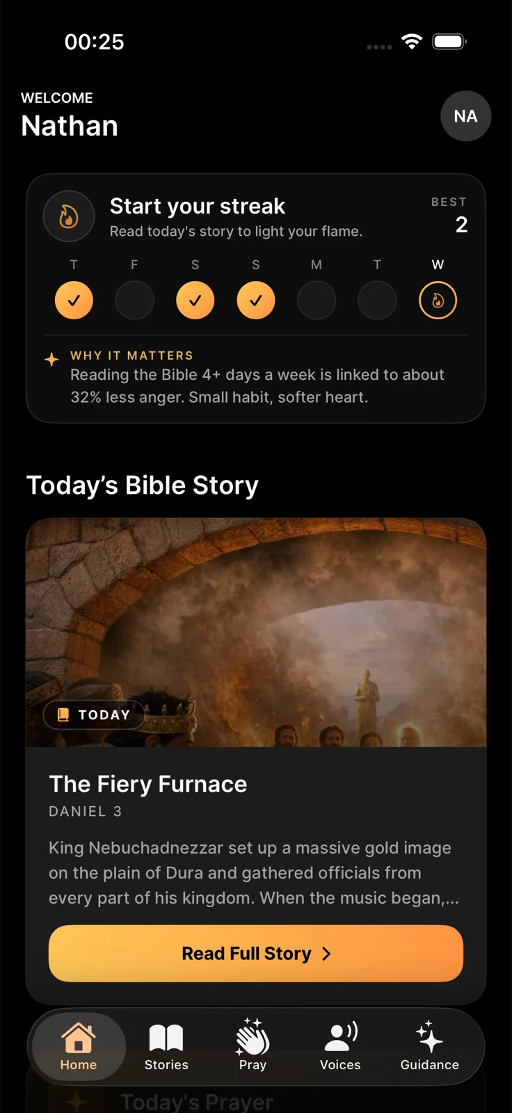 Haven app – home screen with reading streak and today's Bible story